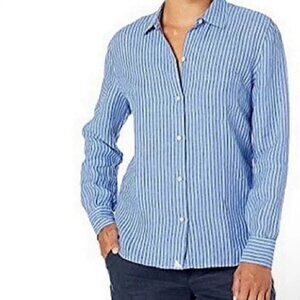 NWT UNTUCKit VILLA FIORE 100% LINEN BLUE WHITE PINSTRIPE BUTTON FRONT SHIRT